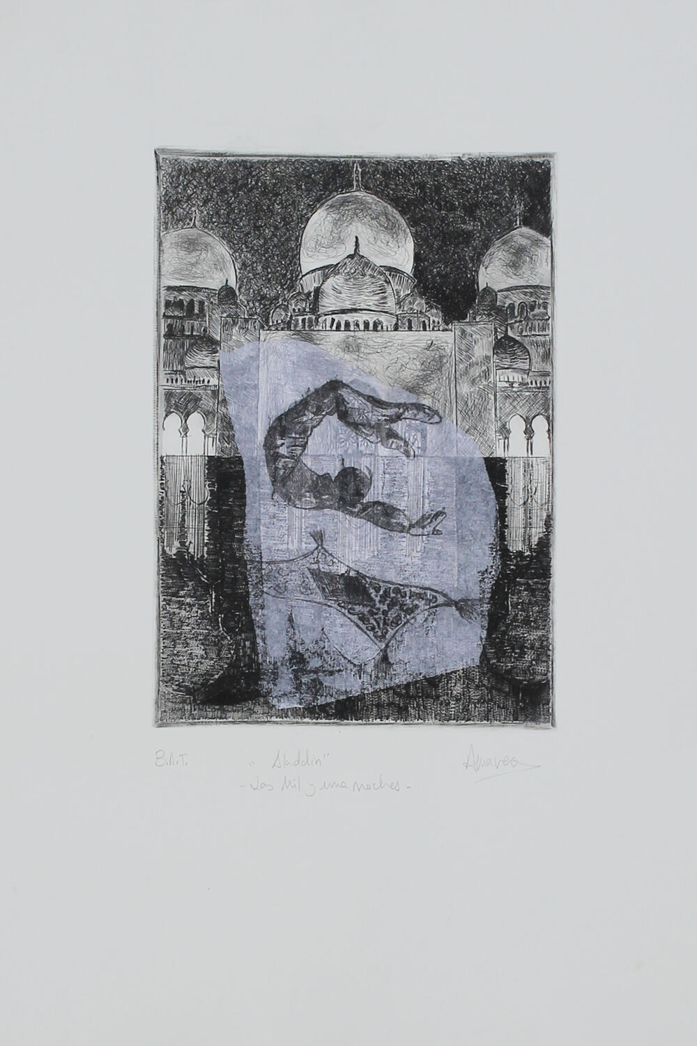 Aladdin Grabado punta seca aladin saltando sobre alfombra con fondo de palacio
