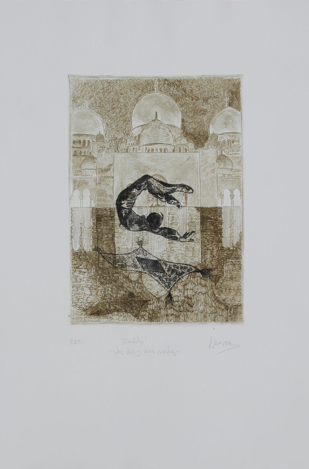 Aladdin Grabado punta seca aladin saltando sobre alfombra con fondo de palacio