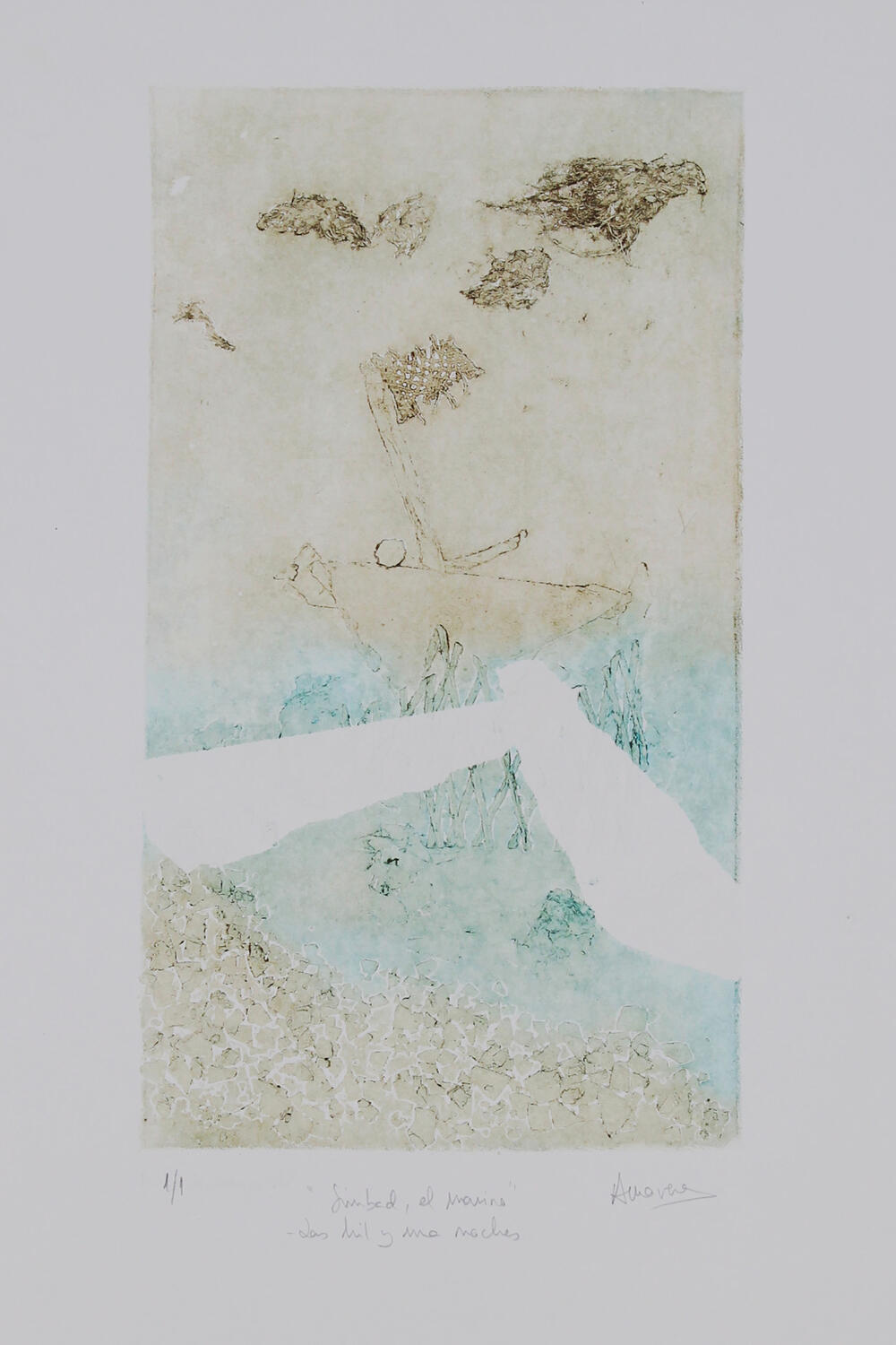 Simbad el marino Grabado collagraph barco vela en mar