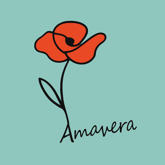 Logo amavera Logo Amavera, amapola roja sobre fondo turquesa