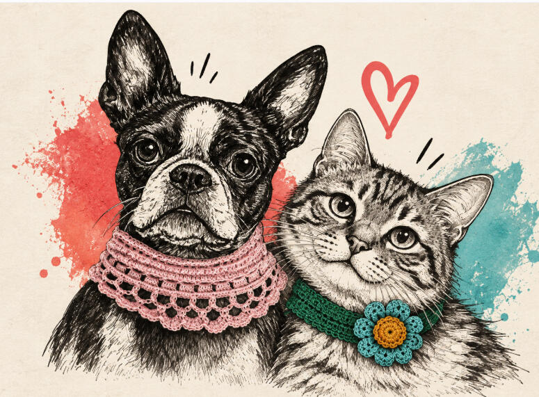 De Miaus y Guaus Retratos de mascotas en grafito y complementos de crochet hechos a mano.